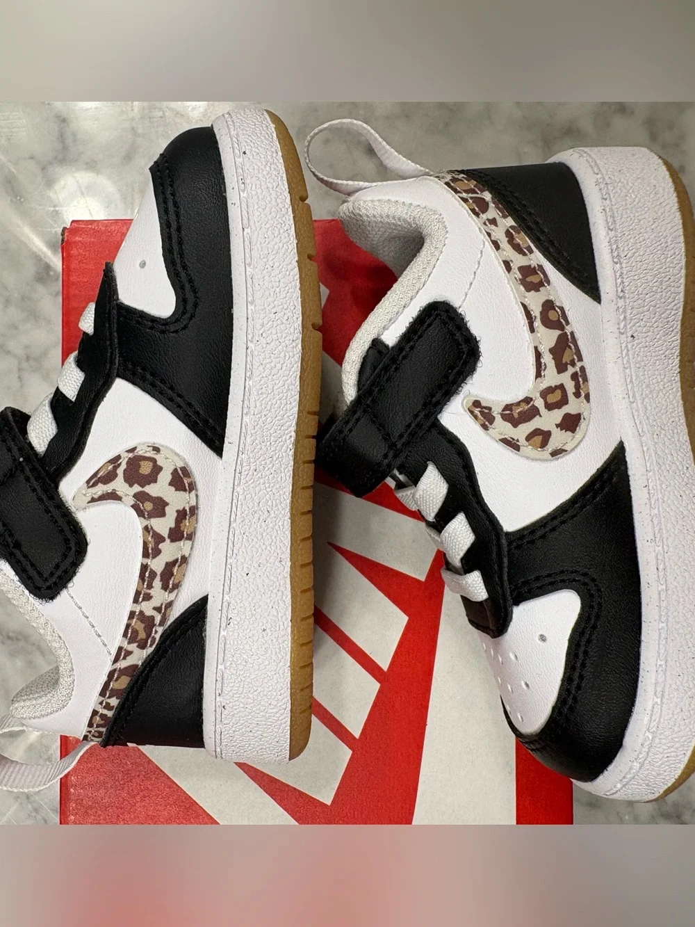 Nike Court Borough Low White Black Cheetah Toddler Girl Strap Shoe 5C
